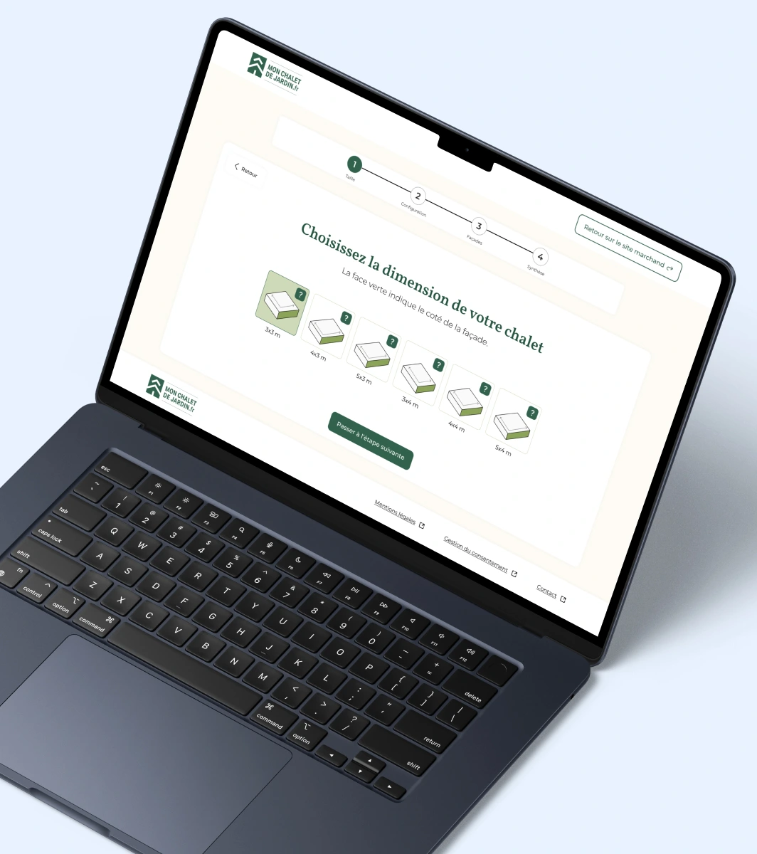 Ecran avec les différentes tailles proposées